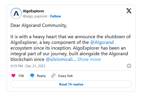 Команда блокчейн-эксплорера AlgoExplorer объявила о закрытии проекта