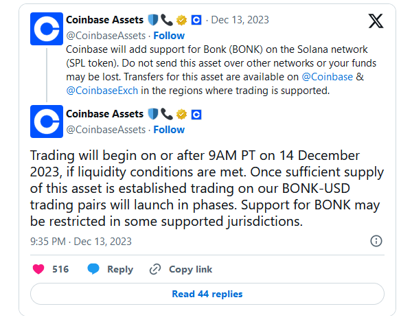 Курс BONK вырос на 45% после анонса листинга на Coinbase